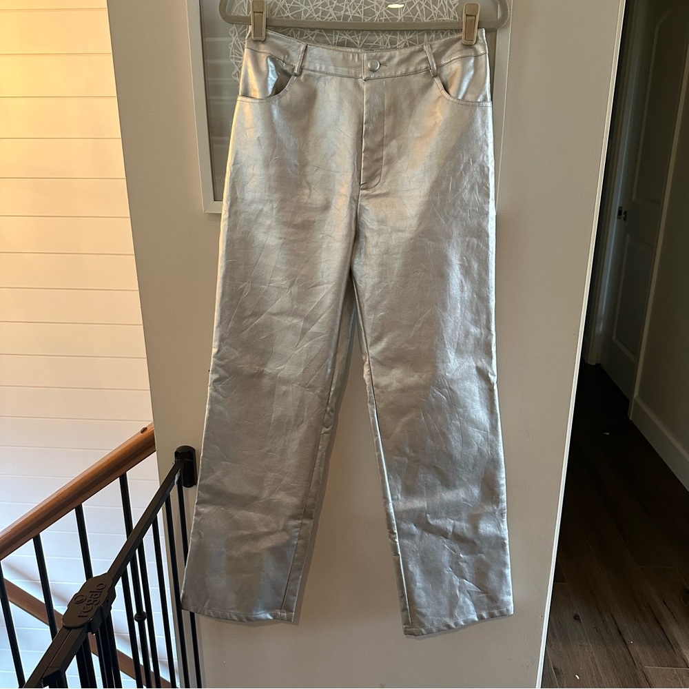 Metallic silver faux leather pants